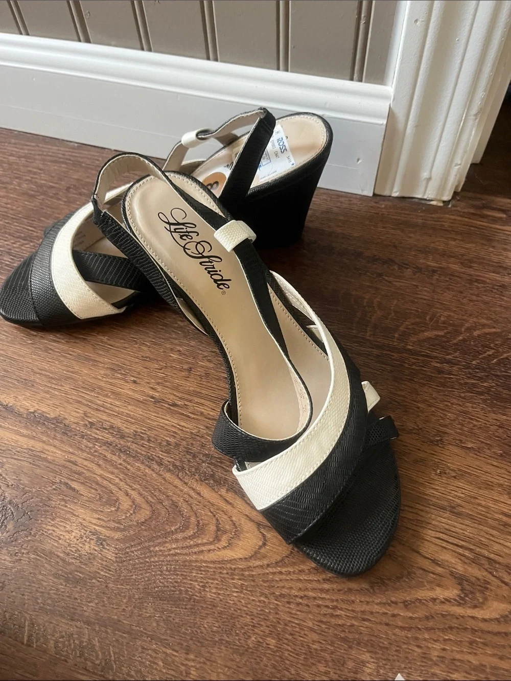 Life Stride Black & Cream Wedge Slingback Heels